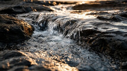 Water cascading over dark rocks at sunrise.