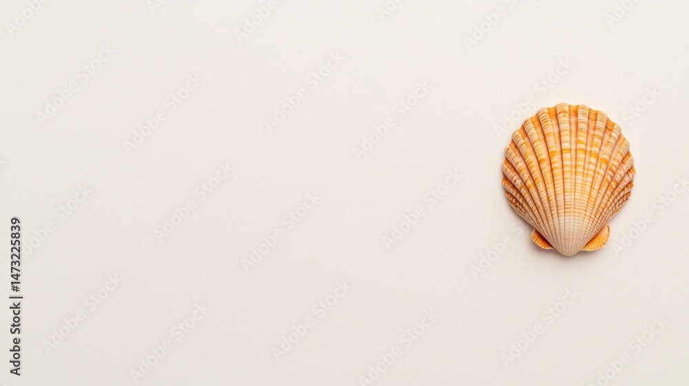 Poster a single orange seashell sits on a clean, light background with ample empty space.