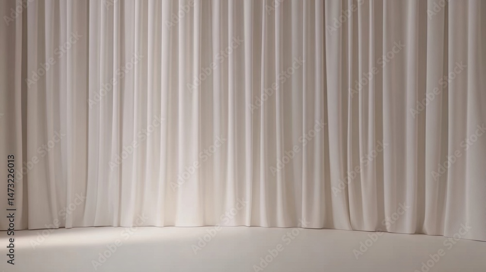 Poster long, elegant beige curtains hang in gentle folds, creating a soft and minimal backdrop in a well-li