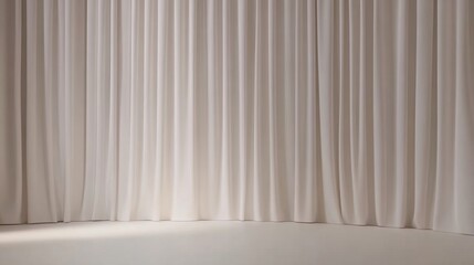Long, elegant beige curtains hang in gentle folds, creating a soft and minimal backdrop in a well-lit room.