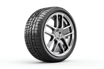 Obraz premium High-performance alloy wheel and tire on white background.