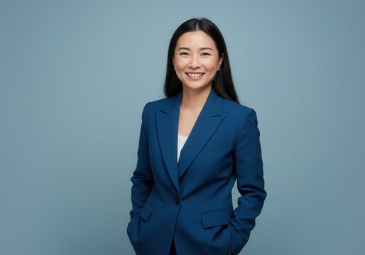 Smiling asian woman in blue suit stands against a blue background, hands in pockets
