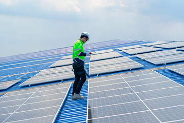 Engineer team installs solar cells check installation solar cell on the roof Sustainable energy industry concept Renewable energy solutions for climate change