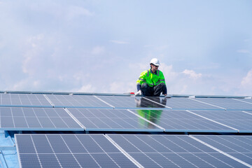 Engineer team installs solar cells check installation solar cell on the roof Sustainable energy industry concept Renewable energy solutions for climate change..