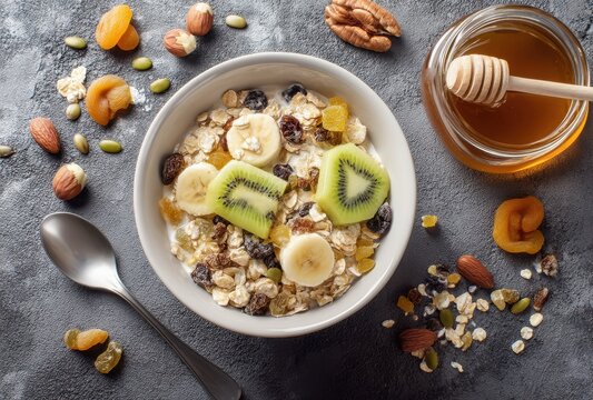 Healthy Breakfast Bowl with Yogurt, Oats, Fresh Fruits, Nuts, Honey, and Dried Fruits on Textured Background