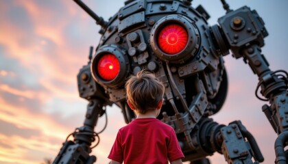 Fototapeta premium Child encounters futuristic robot urban landscape photography sunset dramatic perspective imagination and technology