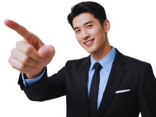 Confident Young Businessman in Suit Pointing