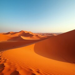 Peaceful desert landscape, sand dunes, golden hour light, vibrant orange hues, clear blue sky