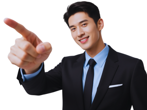 Confident Young Businessman in Suit Pointing