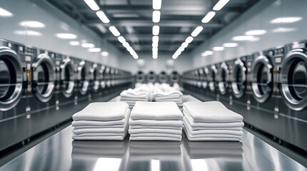 Obraz premium Modern industrial laundry room interior with rows of washing machines and neatly folded towels, creating a sense of cleanliness, efficiency, symmetry, and professional service