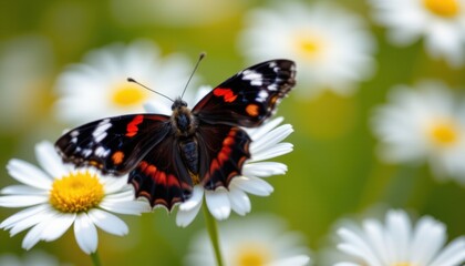 Butterfly resting on daisies garden nature photography bright environment close-up view wildlife beauty