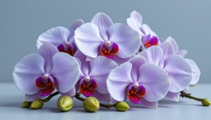 Vibrant orchid flower arrangement indoor setting botanical photography soft lighting close-up view natural beauty