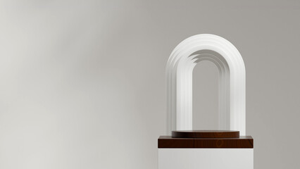 in landscape arch and spheres, rendering 3d empty scene wood texture block and cylinder podium
