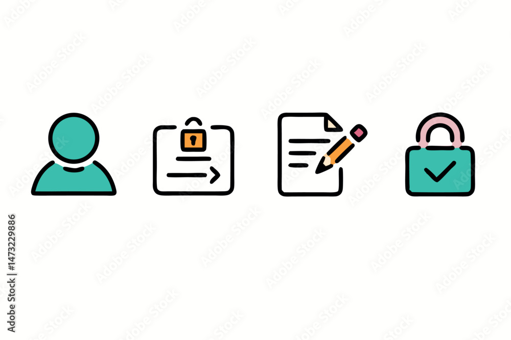 Poster simple icon set representing user profile data security and authorization concepts