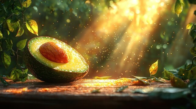 Fresh avocado, sunlit forest backdrop