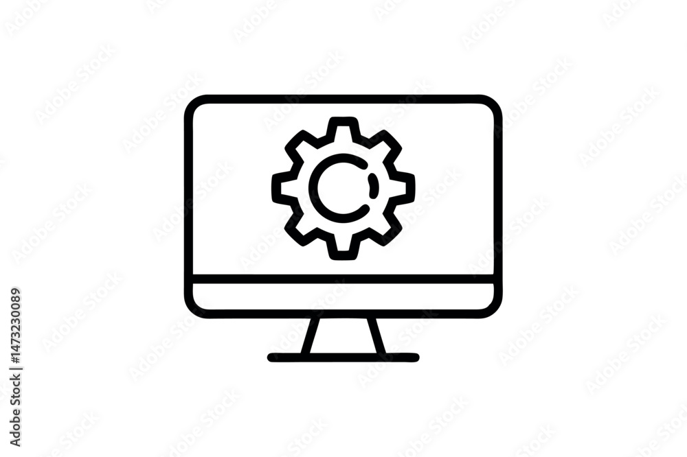 Poster computer monitor displaying cogwheel icon representing settings configuration and processing