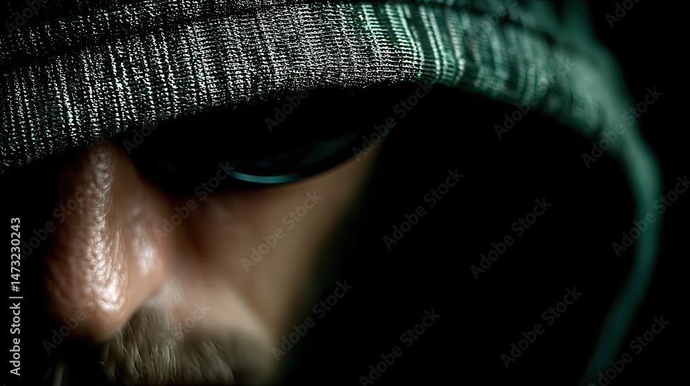 Poster dark environment artistic hacker portrait in cyber space with reflections of a glowing screen