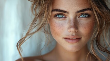 Radiant woman with light blue eyes and freckles