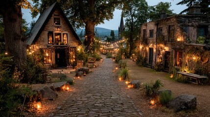 Fototapeta premium Enchanting night scene in a village with glowing lanterns serene pathway magical atmosphere