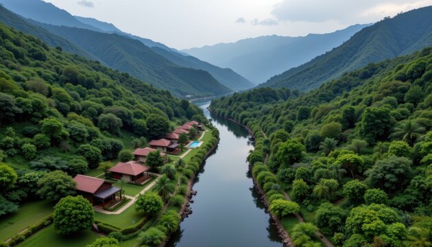 Scenic river retreat cabins mountain valley nature photography lush green environment aerial view tranquil getaway