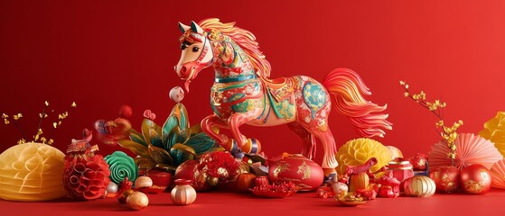 Create a vibrant and festive scene for Chinese New Year featuring the Shio Horse, adorned with colorful decorations and surrounded by traditional symbols of luck and prosperity