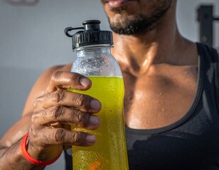 Sweaty man holding yellow drink in clear bottle after workout, wearing black top