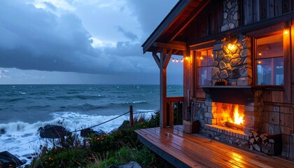 Cozy cabin view Ocean backdrop, stone fireplace, warm glow on a stormy evening