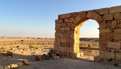 Stone archway ruin stands in sunlit desert landscape, distant figures visible
