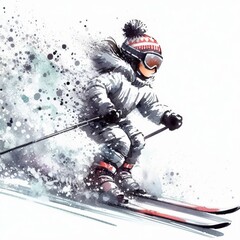 Watercolor artwork capturing the spirit of winter sports with a girl skiing at full speed creating a dynamic splash effect in a minimalist style