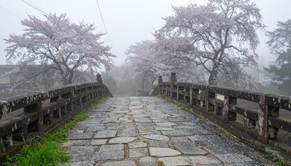 Stone bridge spans under cherry trees in mist, connecting to a village beyond, inviting calm