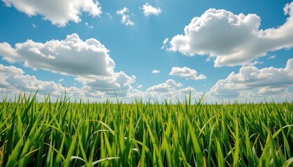 Fototapeta premium Growing green grass under blue sky with fluffy clouds nature landscape vibrant environment eye-level view