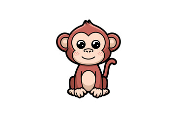Cute cartoon monkey sitting with a happy smile and freckles isolated on white background