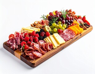 An array of assorted sliced meats, cheeses, fruits, and nuts arranged on a wooden serving platter
