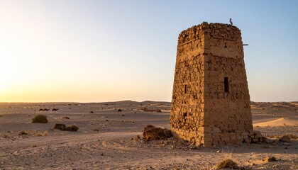 Desert watchtower stands in arid landscape under warm light of setting sun,distant camel train visible
