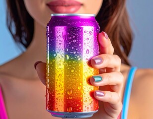 Woman holds vibrant, wet, rainbow-colored can, with water droplets, focus on can