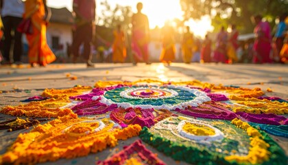 Colorful rangoli design on ground with people around during sunset time creating warm ambiance
