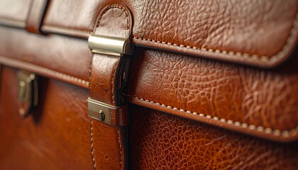 Close-up of a brown leather bag with a silver buckle, showcasing texture and stitching details