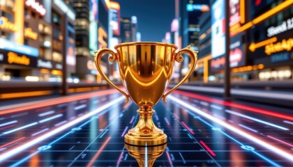 Celebration of achievement with golden trophy in futuristic cityscape nighttime inspirational moment
