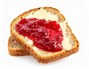 Toast with butter and jam Stacked toast pieces with jam on butter spread, isolated on white background