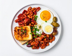 Plate with eggs, beans, sausage, toast, and olives against a stark white background