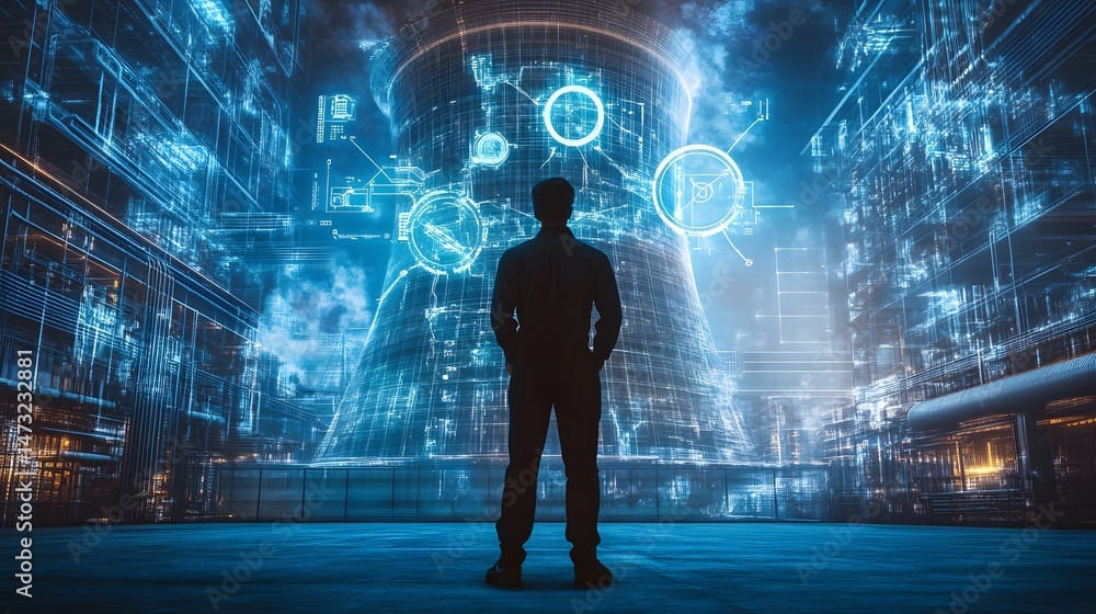 Poster a man stands in front of a large building with a blue sky in the background. the building is surroun