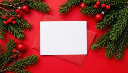 Obraz premium Christmas greeting card arrangement festive home holiday decorations red background overhead view celebration spirit