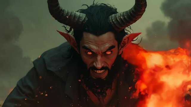Demonic man with horns and fiery eyes in apocalyptic scene. Dark fantasy character for Halloween horror story. Evil creature emerging from flames.