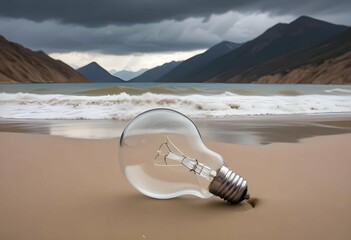 light bulb lying on a beach, with a dramatic seascape and mountains in the background under a moody, cloudy sky.
