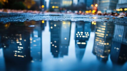 Cityscape reflected in a puddle