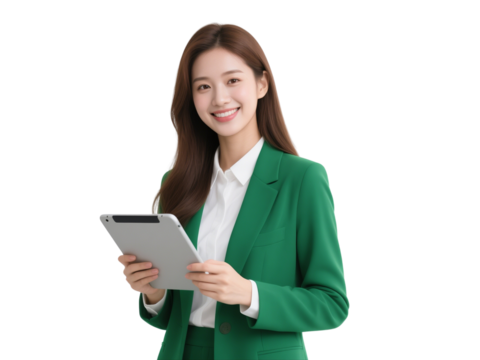 Smiling young Asian businesswoman using a tablet - Powered by Adobe