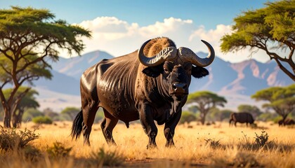 Obraz premium Majestic buffalo stands in golden savanna grass with distant mountains and acacia trees under sunny skies