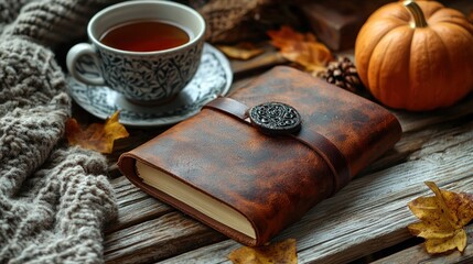 Fototapeta premium Autumnal cozy scene with tea, notebook, and pumpkin