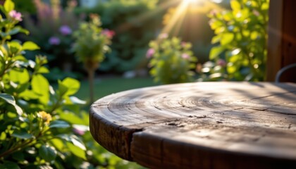 Fototapeta premium Sunrise reflection on rustic wooden table garden setting nature photography serene environment close-up view peaceful concept