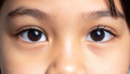Fototapeta premium Close-up of a person's face, showing brown eyes, eyebrows, eyelashes, and skin tone